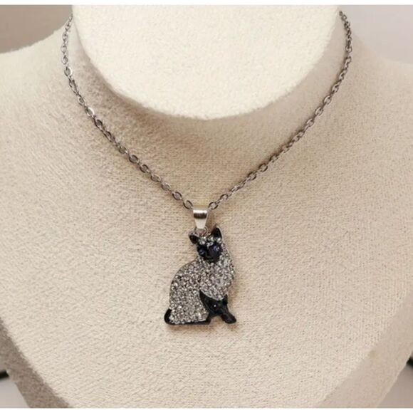 Siamese Cat Necklace Blue Eyes Rhinestones Kitty - Picture 5 of 10